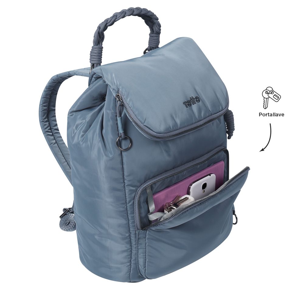 Mochila Rue Bomper Renglon Glitter Color Gris Con Azul Estampado